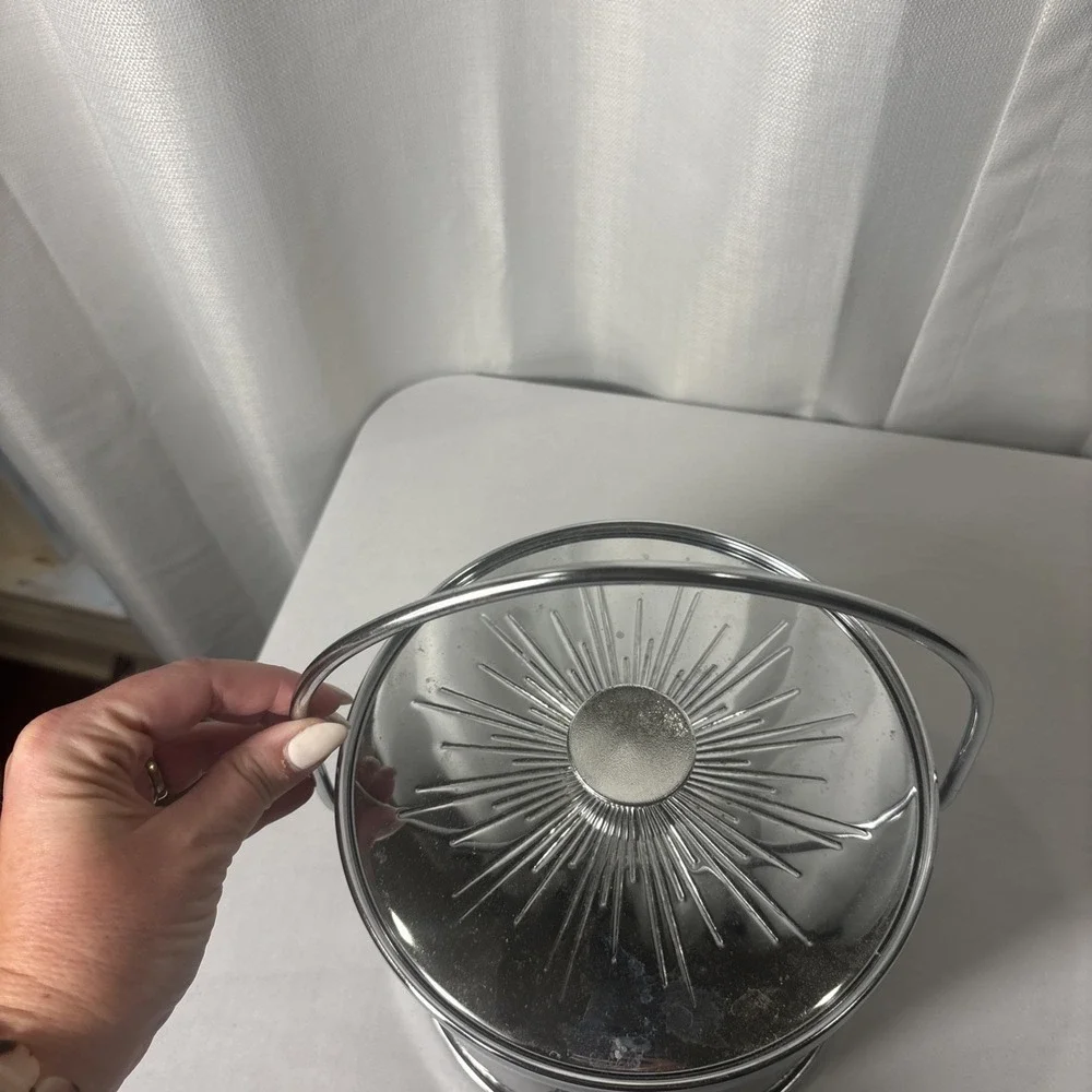 Vintage MCM Barware Ice Bucket~Crest~Dark Green/Silver~ Star‎ Pattern